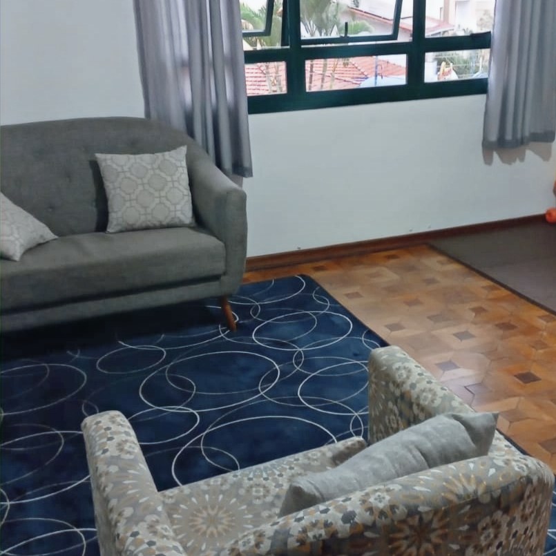 Sala de atendimento com sofá cinza e tapete azul